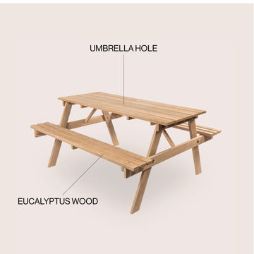Shoreham 59" Modern Classic Outdoor Wood Picnic Table Benches with Umbrella Hole - JONATHAN Y